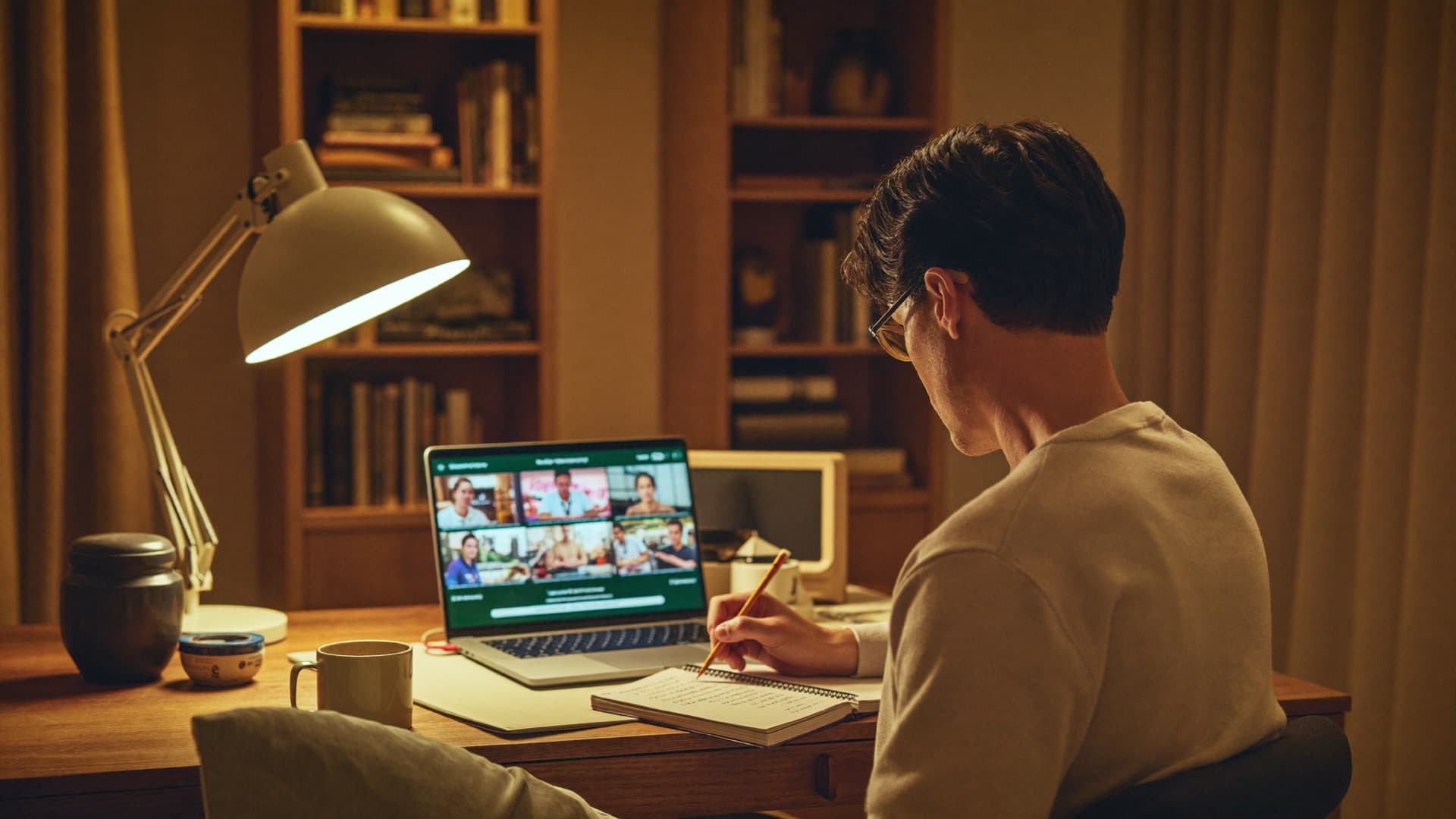 Physician in comfortable clothes studying the course library at a warm home desk