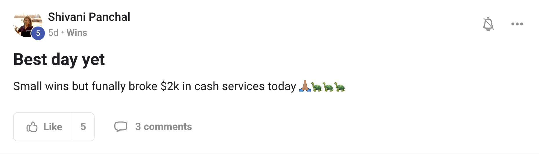 Screenshot: Shivani P., Broke a $2,000 production day for the first time.